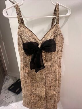 Sandro Elegant Tweed Slip Dress with Black Bow